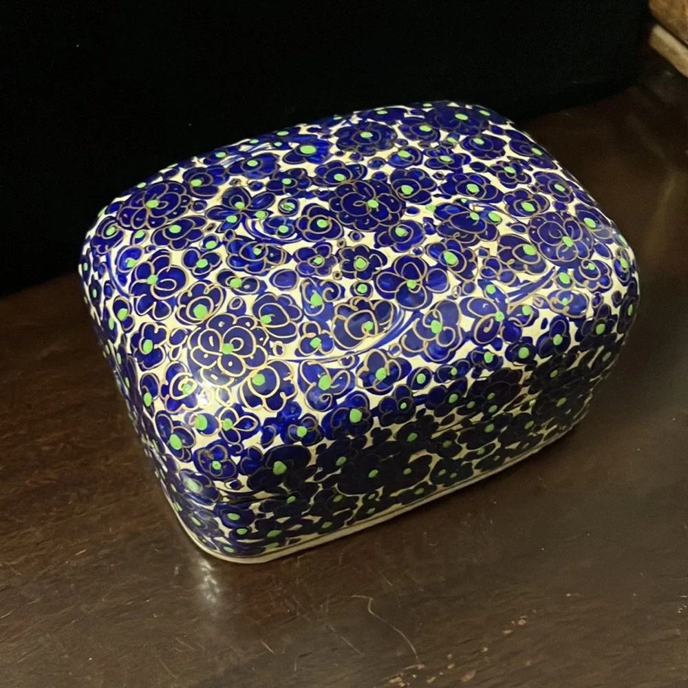 Vintage Indian Papier Mâché Blue, Black, & Gold Trinket / Jewelry Box